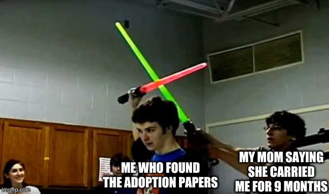 im not adopted, just saying | MY MOM SAYING SHE CARRIED ME FOR 9 MONTHS; ME WHO FOUND THE ADOPTION PAPERS | image tagged in lightsaber block | made w/ Imgflip meme maker