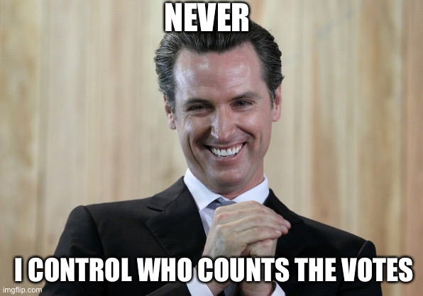 Scheming Gavin Newsom  | NEVER I CONTROL WHO COUNTS THE VOTES | image tagged in scheming gavin newsom | made w/ Imgflip meme maker