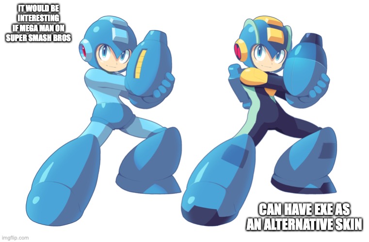 Mega Man in Battle Network Skin | IT WOULD BE INTERESTING IF MEGA MAN ON SUPER SMASH BROS; CAN HAVE EXE AS AN ALTERNATIVE SKIN | image tagged in megaman,megaman battle network,memes,gaming | made w/ Imgflip meme maker