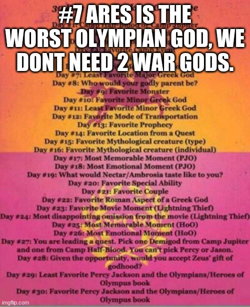 30 day challenge | #7 ARES IS THE WORST OLYMPIAN GOD, WE DONT NEED 2 WAR GODS. | image tagged in 30 day challenge | made w/ Imgflip meme maker
