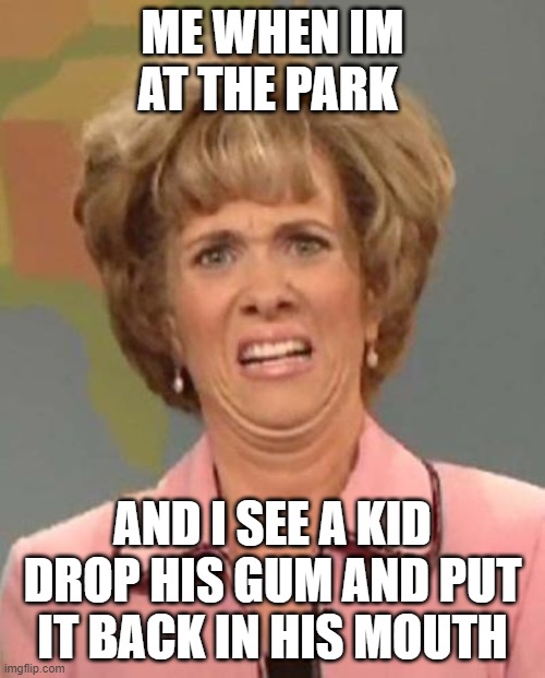 um |  ME WHEN IM AT THE PARK; AND I SEE A KID DROP HIS GUM AND PUT IT BACK IN HIS MOUTH | image tagged in disgusted kristin wiig | made w/ Imgflip meme maker