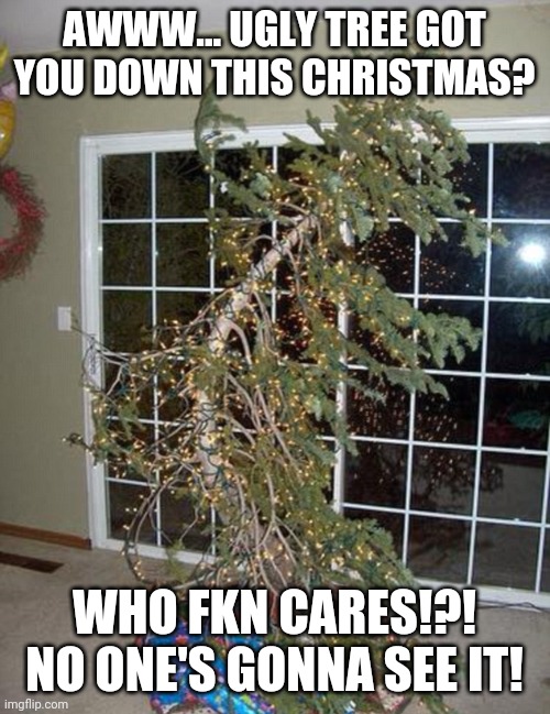 Ugly Christmas Tree | AWWW... UGLY TREE GOT YOU DOWN THIS CHRISTMAS? WHO FKN CARES!?! NO ONE'S GONNA SEE IT! | image tagged in ugly christmas tree,christmas,christmas tree,tree,canceled christmas | made w/ Imgflip meme maker