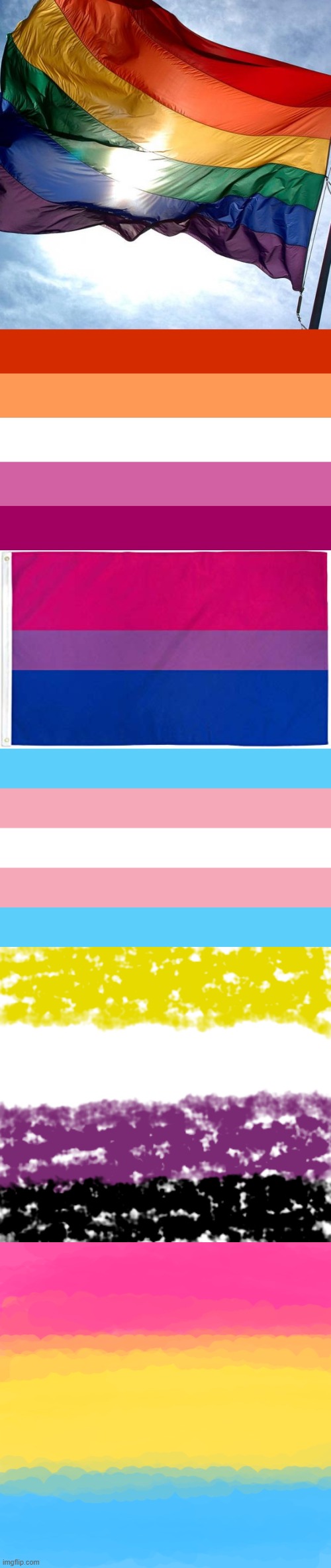 i saw that nobody had posted in this stream in a while and rn i feel like rainbows | image tagged in pride,lesbian flag,bisexual flag,trans flag,nonbinary flag in crayon,pan flag | made w/ Imgflip meme maker