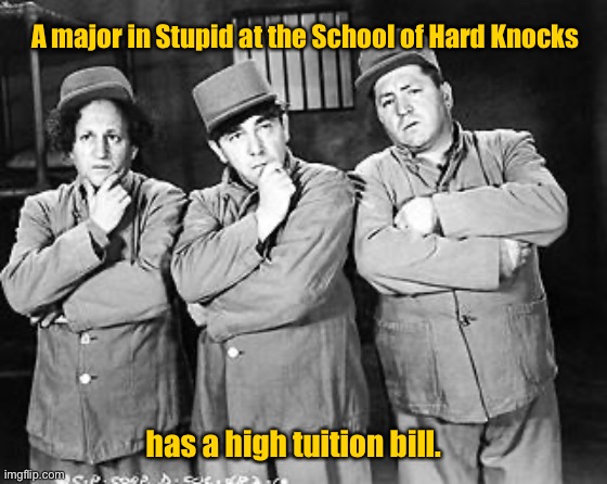 And no scholarship opportunity | A major in Stupid at the School of Hard Knocks; has a high tuition bill. | image tagged in three stooges thinking,school of hard knocks,high tuition,major in stupid | made w/ Imgflip meme maker