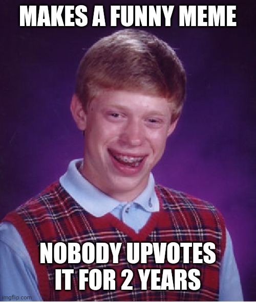 Bad Luck Brian Meme | MAKES A FUNNY MEME NOBODY UPVOTES IT FOR 2 YEARS | image tagged in memes,bad luck brian | made w/ Imgflip meme maker