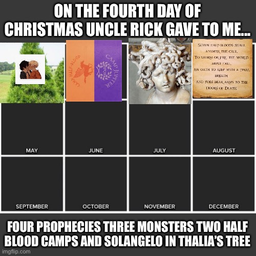 Merry Christmas and happy holidays | ON THE FOURTH DAY OF CHRISTMAS UNCLE RICK GAVE TO ME... FOUR PROPHECIES THREE MONSTERS TWO HALF BLOOD CAMPS AND SOLANGELO IN THALIA’S TREE | image tagged in calendar | made w/ Imgflip meme maker