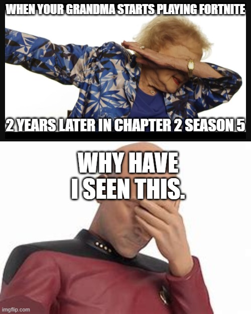 Chapter 2 Season 5 is awesome! | WHEN YOUR GRANDMA STARTS PLAYING FORTNITE; 2 YEARS LATER IN CHAPTER 2 SEASON 5; WHY HAVE I SEEN THIS. | image tagged in betty white dab | made w/ Imgflip meme maker