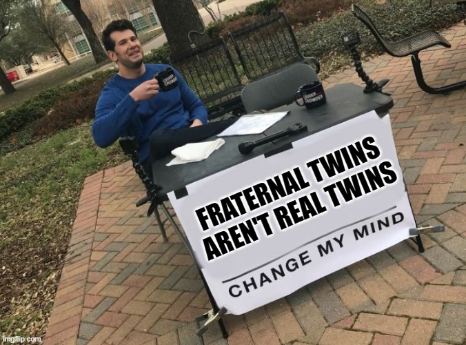 Change my mind Crowder | FRATERNAL TWINS AREN'T REAL TWINS | image tagged in change my mind crowder | made w/ Imgflip meme maker