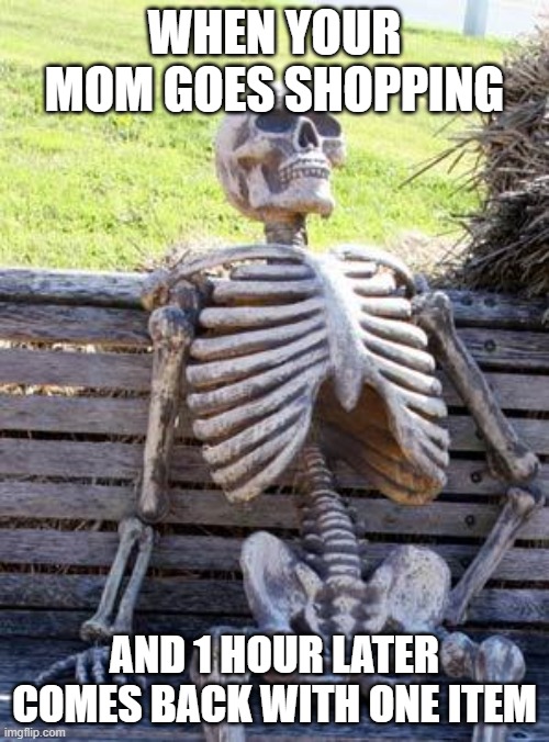 Waiting Skeleton | WHEN YOUR MOM GOES SHOPPING; AND 1 HOUR LATER COMES BACK WITH ONE ITEM | image tagged in memes,waiting skeleton | made w/ Imgflip meme maker