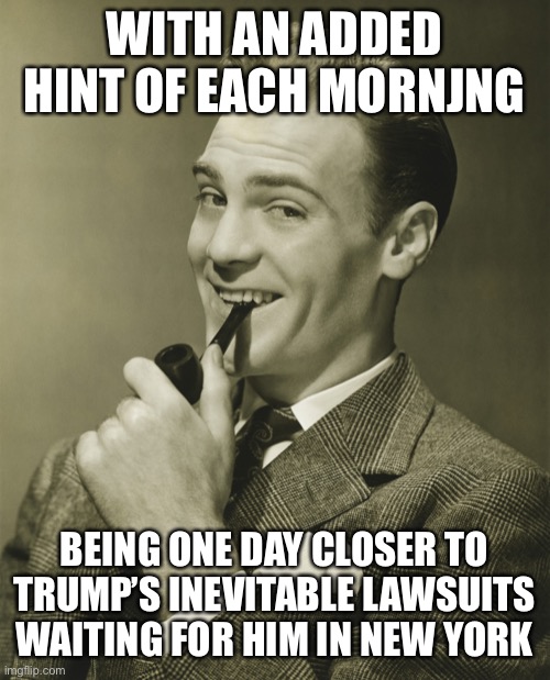 Smug | WITH AN ADDED HINT OF EACH MORNJNG BEING ONE DAY CLOSER TO TRUMP’S INEVITABLE LAWSUITS WAITING FOR HIM IN NEW YORK | image tagged in smug | made w/ Imgflip meme maker