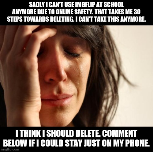 Please help me out... (I wanna delete so bad, but comment if you want me to stay) | SADLY I CAN'T USE IMGFLIP AT SCHOOL ANYMORE DUE TO ONLINE SAFETY. THAT TAKES ME 30 STEPS TOWARDS DELETING. I CAN'T TAKE THIS ANYMORE. I THINK I SHOULD DELETE. COMMENT BELOW IF I COULD STAY JUST ON MY PHONE. | image tagged in memes,first world problems | made w/ Imgflip meme maker