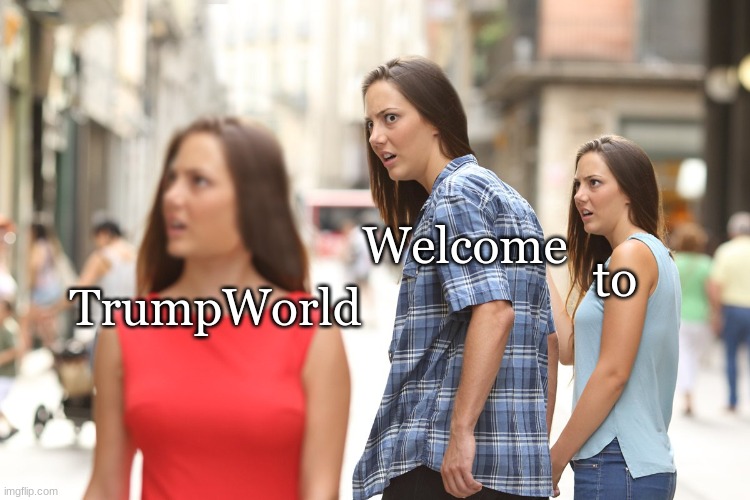 Distracted Boyfriend Paranoia | Welcome; to; TrumpWorld | image tagged in distracted boyfriend paranoia | made w/ Imgflip meme maker