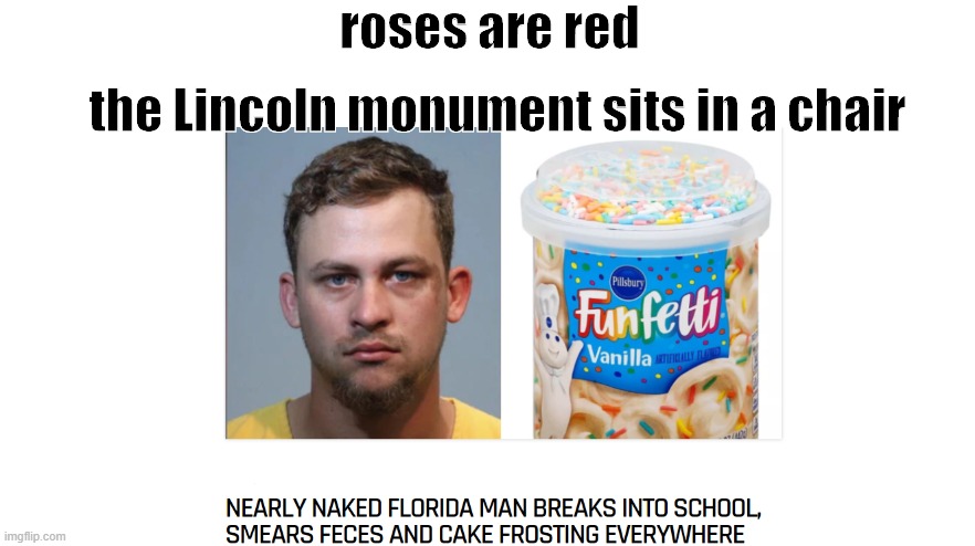 why'd it have to be a school tho | roses are red; the Lincoln monument sits in a chair | image tagged in florida man | made w/ Imgflip meme maker