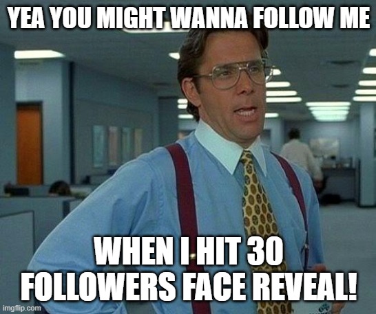 That Would Be Great |  YEA YOU MIGHT WANNA FOLLOW ME; WHEN I HIT 30 FOLLOWERS FACE REVEAL! | image tagged in memes,that would be great | made w/ Imgflip meme maker