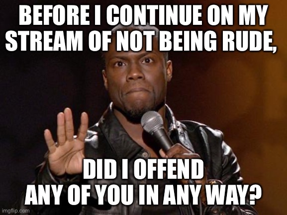 kevin hart | BEFORE I CONTINUE ON MY STREAM OF NOT BEING RUDE, DID I OFFEND ANY OF YOU IN ANY WAY? | image tagged in kevin hart | made w/ Imgflip meme maker