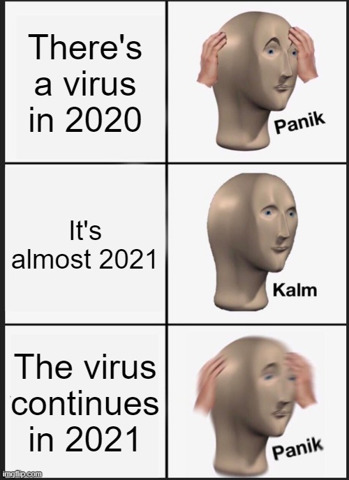 GOD DAMMIT, 2021! I THOUGHT YOU'D BE GOOD! | There's a virus in 2020; It's almost 2021; The virus continues in 2021 | image tagged in memes,panik kalm panik | made w/ Imgflip meme maker