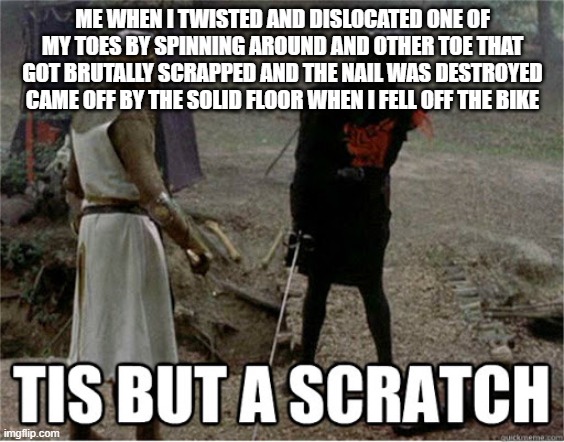 tis but a scratch | ME WHEN I TWISTED AND DISLOCATED ONE OF MY TOES BY SPINNING AROUND AND OTHER TOE THAT GOT BRUTALLY SCRAPPED AND THE NAIL WAS DESTROYED CAME OFF BY THE SOLID FLOOR WHEN I FELL OFF THE BIKE | image tagged in tis but a scratch | made w/ Imgflip meme maker