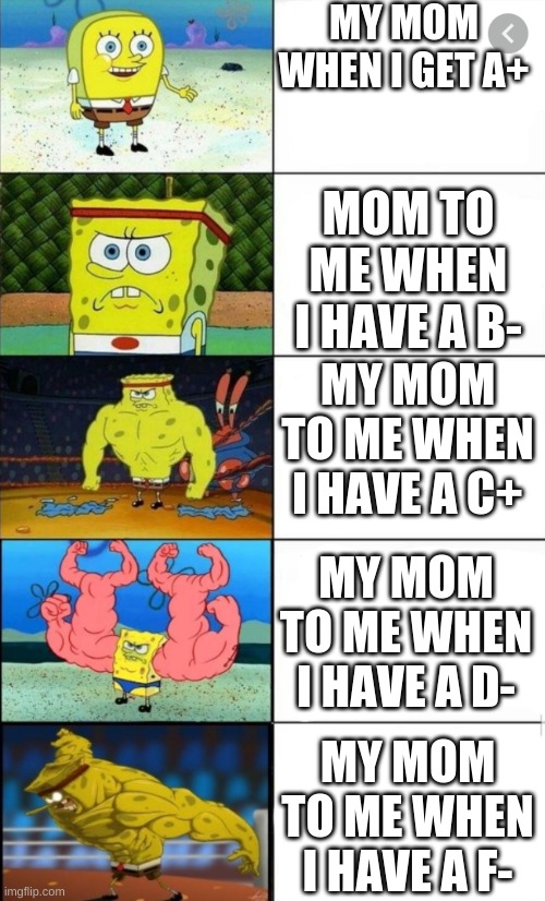 moms when you have a grade come in | MY MOM WHEN I GET A+; MOM TO ME WHEN I HAVE A B-; MY MOM TO ME WHEN I HAVE A C+; MY MOM TO ME WHEN I HAVE A D-; MY MOM TO ME WHEN I HAVE A F- | image tagged in sponge bob strength | made w/ Imgflip meme maker