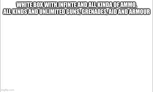 Everything we need is in this white box | WHITE BOX WITH INFINTE AND ALL KINDA OF AMMO, ALL KINDS AND UNLIMITED GUNS, GRENADES, AID AND ARMOUR | image tagged in white background | made w/ Imgflip meme maker
