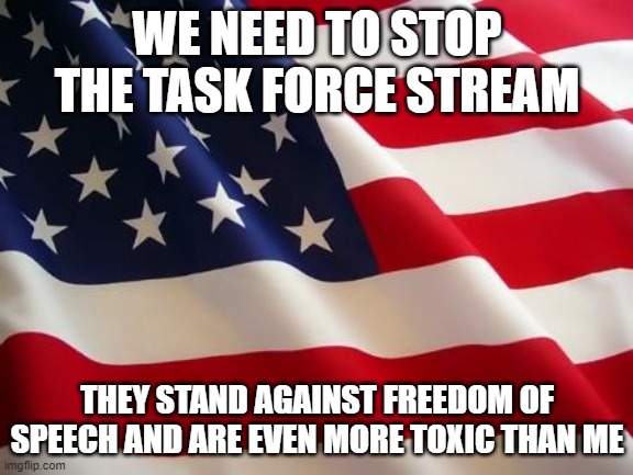 Freedom? |  WE NEED TO STOP THE TASK FORCE STREAM; THEY STAND AGAINST FREEDOM OF SPEECH AND ARE EVEN MORE TOXIC THAN ME | image tagged in american flag,i have no idea what i am doing | made w/ Imgflip meme maker
