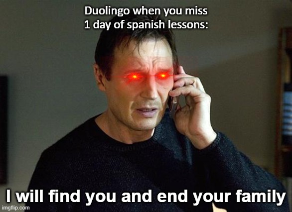 Duolingo be like: | Duolingo when you miss 1 day of spanish lessons:; I will find you and end your family | image tagged in memes,liam neeson taken 2 | made w/ Imgflip meme maker