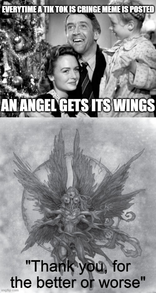 EVERYTIME A TIK TOK IS CRINGE MEME IS POSTED; AN ANGEL GETS ITS WINGS; "Thank you, for the better or worse" | image tagged in it's a wonderful life,tik tok sucks,tik tok,memes,angels,happy holidays | made w/ Imgflip meme maker