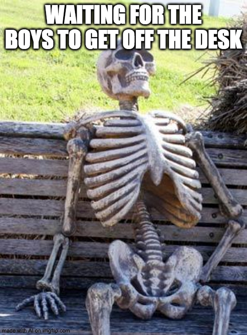 The boys are crazy | WAITING FOR THE BOYS TO GET OFF THE DESK | image tagged in memes,waiting skeleton | made w/ Imgflip meme maker