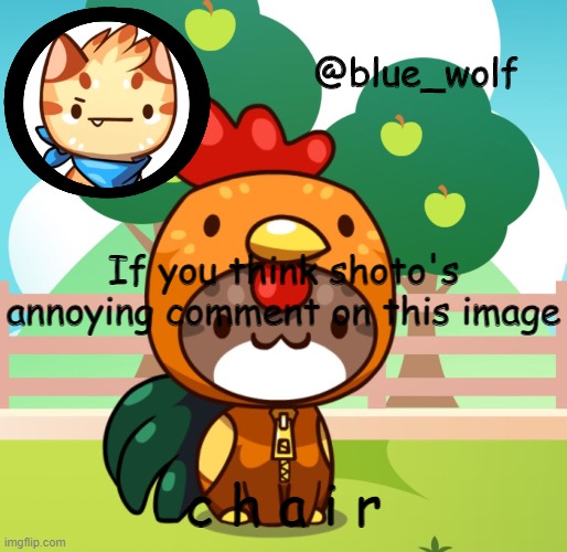 If you think shoto's annoying comment on this image; c h a i r | image tagged in blue wolfs announcement thing | made w/ Imgflip meme maker