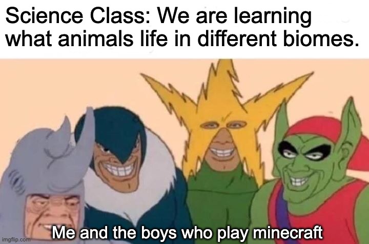 MINECRAFTTTTTT | Science Class: We are learning what animals life in different biomes. Me and the boys who play minecraft | image tagged in memes,me and the boys | made w/ Imgflip meme maker