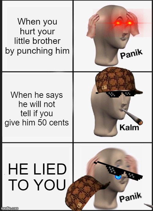 Panik Kalm Panik Meme | When you hurt your little brother by punching him; When he says he will not tell if you give him 50 cents; HE LIED TO YOU | image tagged in memes,panik kalm panik,lies,funny,funny memes | made w/ Imgflip meme maker