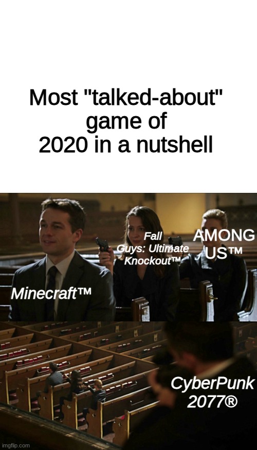 Most talked about game in 2020 in a nutshell. | Most "talked-about" game of 2020 in a nutshell; AMONG US™; Fall Guys: Ultimate Knockout™; Minecraft™; CyberPunk 2077® | image tagged in assassination chain,among us,cyberpunk,minecraft,fall guys,dank | made w/ Imgflip meme maker