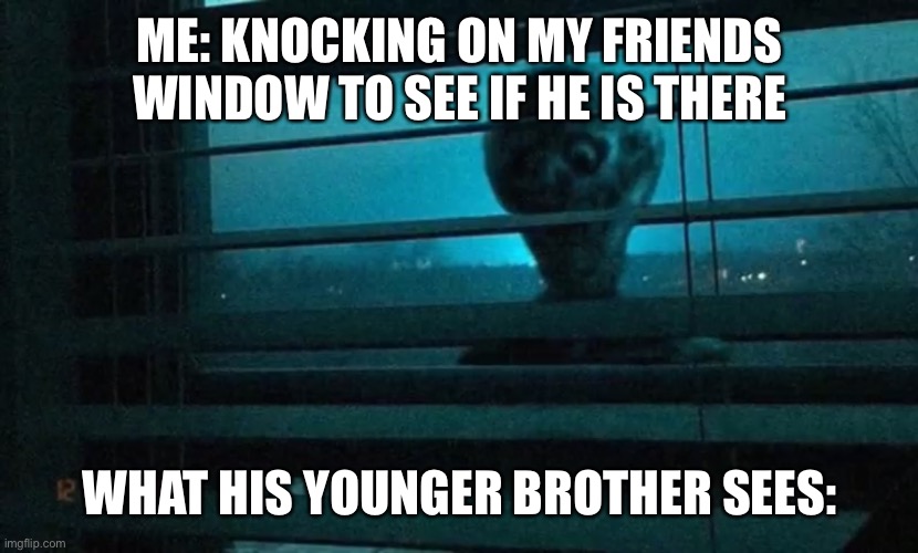 A meme | ME: KNOCKING ON MY FRIENDS WINDOW TO SEE IF HE IS THERE; WHAT HIS YOUNGER BROTHER SEES: | image tagged in a meme | made w/ Imgflip meme maker