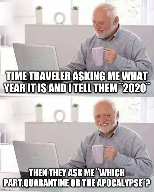 duck and cover y'all,duck and cover | TIME TRAVELER ASKING ME WHAT YEAR IT IS AND I TELL THEM ¨2020¨; THEN THEY ASK ME ¨WHICH PART,QUARANTINE OR THE APOCALYPSE¨? | image tagged in memes,hide the pain harold | made w/ Imgflip meme maker