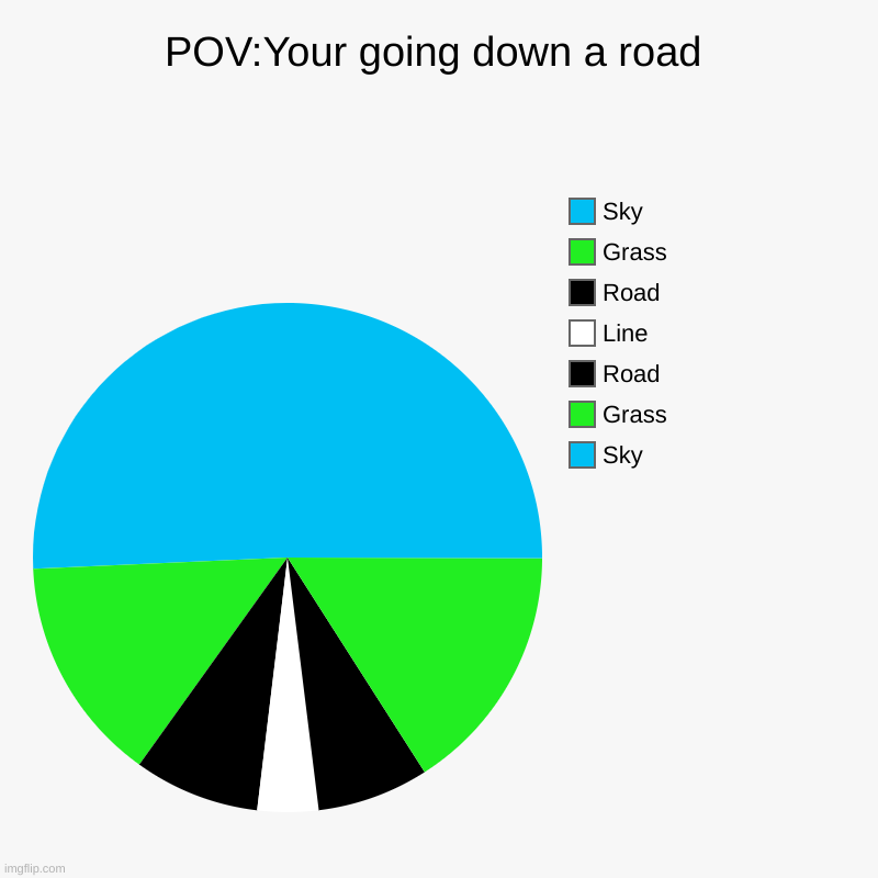 I wasted my recess and my lunch and 1 class to make this LOL | POV:Your going down a road | Sky, Grass, Road, Line, Road, Grass, Sky | image tagged in charts,pie charts,pov | made w/ Imgflip chart maker
