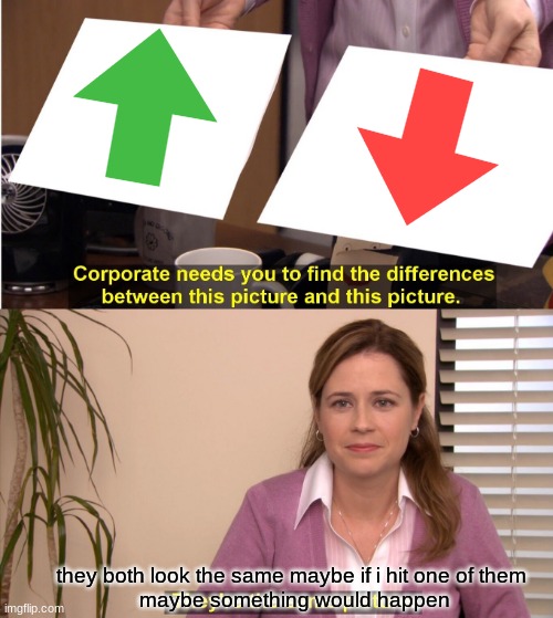 They're The Same Picture Meme | they both look the same maybe if i hit one of them 
maybe something would happen | image tagged in memes,they're the same picture | made w/ Imgflip meme maker