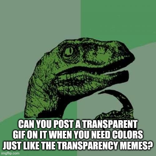 Here's an idea! | CAN YOU POST A TRANSPARENT GIF ON IT WHEN YOU NEED COLORS JUST LIKE THE TRANSPARENCY MEMES? | image tagged in memes,philosoraptor | made w/ Imgflip meme maker