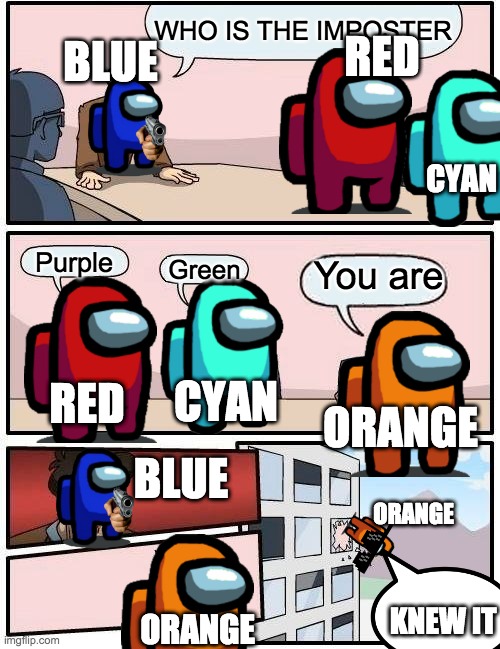 WHO IS THE IMPOSTER | BLUE; RED; WHO IS THE IMPOSTER; CYAN; Purple; Green; You are; CYAN; RED; ORANGE; ORANGE; BLUE; KNEW IT; ORANGE | image tagged in memes,boardroom meeting suggestion,imposter | made w/ Imgflip meme maker