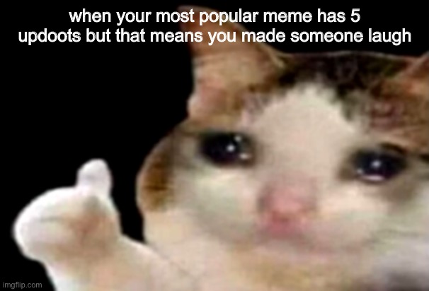 Sad cat thumbs up | when your most popular meme has 5 updoots but that means you made someone laugh | image tagged in sad cat thumbs up | made w/ Imgflip meme maker