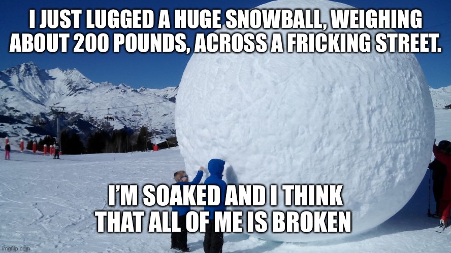 I couldn’t get a good picture of the actual snowball | I JUST LUGGED A HUGE SNOWBALL, WEIGHING ABOUT 200 POUNDS, ACROSS A FRICKING STREET. I’M SOAKED AND I THINK THAT ALL OF ME IS BROKEN | image tagged in snowball | made w/ Imgflip meme maker