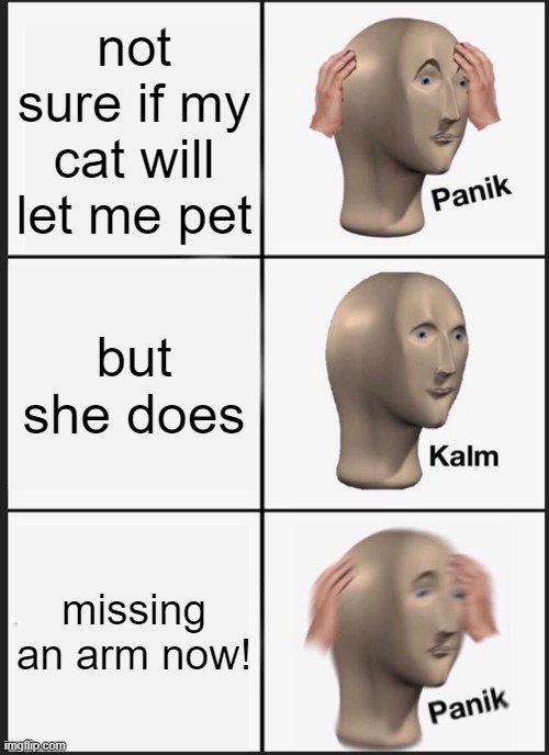 Panik Kalm Panik | not sure if my cat will let me pet; but she does; missing an arm now! | image tagged in memes,panik kalm panik,cats | made w/ Imgflip meme maker