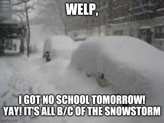 Snow Storm | WELP, I GOT NO SCHOOL TOMORROW! YAY! IT'S ALL B/C OF THE SNOWSTORM | image tagged in snow storm | made w/ Imgflip meme maker