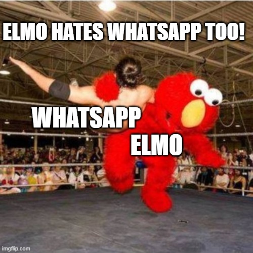 Elmo wrestling | ELMO WHATSAPP ELMO HATES WHATSAPP TOO! | image tagged in elmo wrestling | made w/ Imgflip meme maker