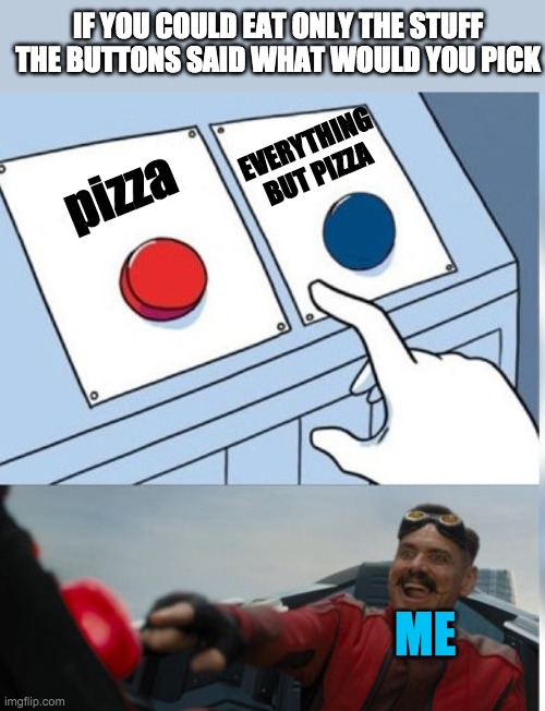 so ho co mo no do wo | IF YOU COULD EAT ONLY THE STUFF THE BUTTONS SAID WHAT WOULD YOU PICK; EVERYTHING BUT PIZZA; pizza; ME | image tagged in two buttons eggman | made w/ Imgflip meme maker
