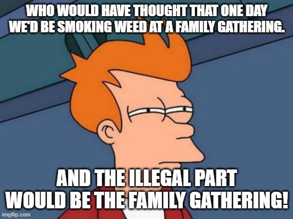 Family Gathering | WHO WOULD HAVE THOUGHT THAT ONE DAY WE'D BE SMOKING WEED AT A FAMILY GATHERING. AND THE ILLEGAL PART WOULD BE THE FAMILY GATHERING! | image tagged in memes,futurama fry,smoke weed,family | made w/ Imgflip meme maker