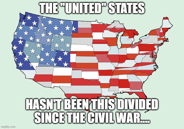 United States of America | THE "UNITED" STATES; HASN'T BEEN THIS DIVIDED SINCE THE CIVIL WAR.... | image tagged in united states of america | made w/ Imgflip meme maker