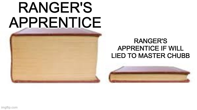 Big book small book | RANGER'S APPRENTICE; RANGER'S APPRENTICE IF WILL LIED TO MASTER CHUBB | image tagged in big book small book | made w/ Imgflip meme maker