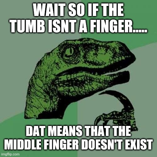 Philosoraptor Meme | WAIT SO IF THE TUMB ISNT A FINGER..... DAT MEANS THAT THE MIDDLE FINGER DOESN'T EXIST | image tagged in memes,philosoraptor | made w/ Imgflip meme maker