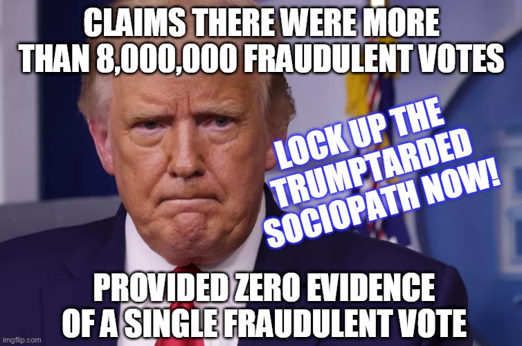 lock up the  TRUMPTARDED sociopath NOW! | CLAIMS THERE WERE MORE THAN 8,000,000 FRAUDULENT VOTES; LOCK UP THE 
TRUMPTARDED
SOCIOPATH NOW! PROVIDED ZERO EVIDENCE OF A SINGLE FRAUDULENT VOTE | image tagged in trumptard | made w/ Imgflip meme maker