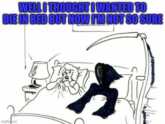 Be careful what you wish for! | WELL I THOUGHT I WANTED TO DIE IN BED BUT NOW I'M NOT SO SURE | image tagged in death in bed,memes,grim reaper,funny,death | made w/ Imgflip meme maker