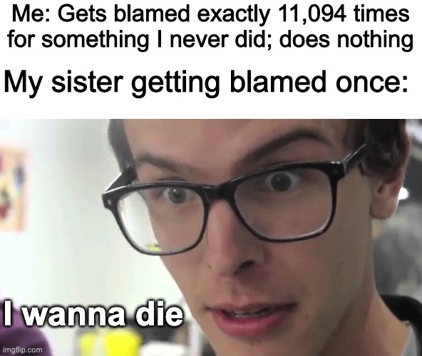 Hey I Wanna Die | Me: Gets blamed exactly 11,094 times for something I never did; does nothing; My sister getting blamed once:; I wanna die | image tagged in hey i wanna die | made w/ Imgflip meme maker